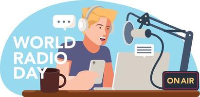 A male radio announcer is broadcasting in celebration of worldwide radio day vector