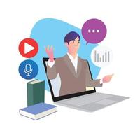 A businessman is delivering material in an ongoing webinar vector