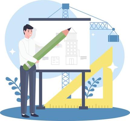 Illustration of an architect presenting an apartment project to be built