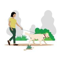 Woman is walking with a dog. Vector illustration in flat style dog walking girl in spring park.