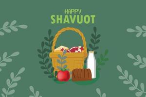 Jewish holiday Shavuot banner design with fruits, wheat and milk. Greeting card template background.  Happy Shavuot vector