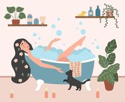 Woman taking a bath in cozy bathroom with foam bubbles. Flowers in a woman's hair. Hand drawn house plants in pots. Self-care and relax concept. Nature shampoo and creams. Flat style illustration. vector