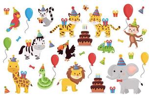 conjunto de animales de cumpleaños. colección de personajes de dibujos animados con regalos, globos y pastel. animales africanos y de la selva. vector