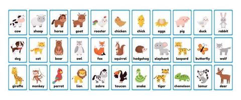 Big printable animals flashcards collection for learning english words. Educational game for kindergarten, pupils and preschool kids. Cute cartoon characters. Farm, forest and jungle animals. vector