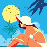 Woman with White Hat Sunbathing in the Beach vector