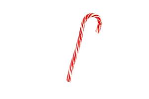 bastón rayado de navidad candy-santa sobre un fondo blanco, aislar. de cerca. navidad, año nuevo. decoración, dulzura, golosinas, golosinas para niños foto