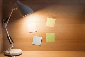 Table lamp in the loft style at the workplace at home. A place for a student to study, to work remotely. Background, copyspace. photo