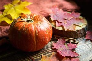 Orange natural round pumpkin on a wooden table with fallen yellow and red maple leaves, cinnamon sticks. Lights garlands, warm autumn atmosphere, thanksgiving, harvest festival, Halloween. Copy space photo