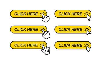 Click here. Icon for web site. Set of clicking forefingers and mouse cursors on yellow rectangular shape web button with rounded corners isolated on white background. vector