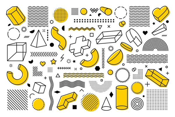Big set of vector geometric shapes. Trendy graphic elements design in Memphis style.