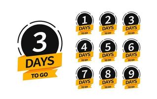 Countdown banners. One, two, three, four, five, six, seven, eight, nine of days left to go. Count time sale. Flat badges, stickers, tag, label. Number 1, 2, 3, 4, 5, 6, 7, 8, 9 of days left to go. vector