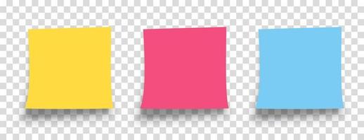 Realistic sticky note set with shadow isolated on transparent background. Reminder. Message on notepaper. Yellow, red, blue color paper.
