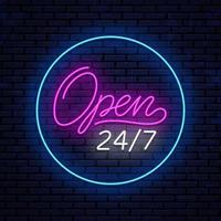 Neon sign, open 24 hours day, 7 days week. Neon sign for shop, club, motel, casino, bar and more. Ready vector template for signboard.