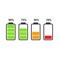 Set of battery level indicator icons isolated on white background. Vector icon for ui design of phone, tablet and other devices.