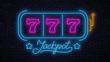 Neon gaming slot machine 777. Neon sign design. Vector game machine. Design lettering Jackpot.