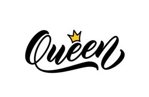 Queen handwritten word. Modern calligraphy. Hand lettering design for printing on clothes. Queen word with crown. Vector illustration.