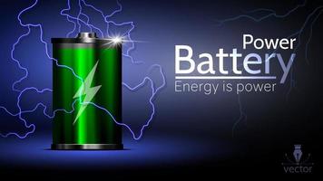 Beautiful advertising green battery with lightning around. Power vector battery for interface design of various types devices.
