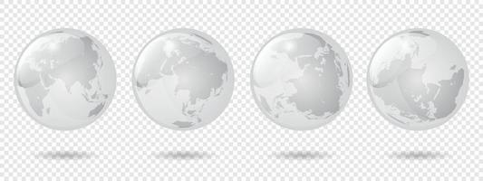 conjunto de globos transparentes de la tierra. mapa del mundo realista en forma de globo con textura transparente y sombra. vector