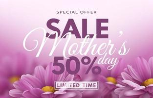 oferta especial. banner de venta del día de la madre con flores de crisantemo realistas y decoración de texto de descuento publicitario. ilustración vectorial