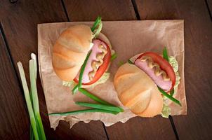 Little cheerful hot dog with sausage and tomato photo