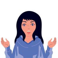 The surprised girl raised her hands. The girl screams. Vector isolated flat.