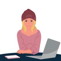 A girl in a fashionable hat sits at a laptop . Vector isolated.