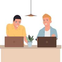 Two guys work in the office on laptops. Vector isolated.