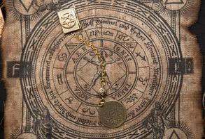 Ancient esoteric witchcraft background. Occultims and paganism old symbol, with mysterious runes alphabet photo