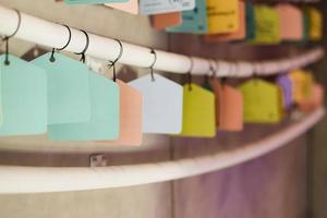 Colorful blank papers to write a notes hanging on the wall photo