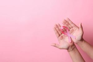 Hand Holding Pink Ribbon For World Cancer Day and Breast Cancer Awarness photo