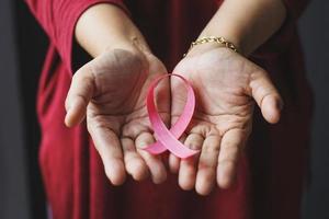 mano que sostiene la cinta rosa para el día mundial del cáncer y la concienciación sobre el cáncer de mama foto