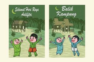 Selamat hari raya and balik kampung means Eid mubarak Malaysia public holiday celebration. Cartoon, cute, card, cute, print, art vector