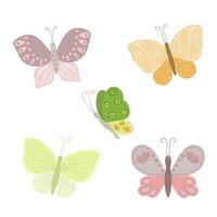 pequeñas mariposas de colores elegantes puestas en una simple ilustración vectorial de estilo plano, símbolo de las vacaciones de Pascua, primavera o verano, decoración de celebración, imágenes prediseñadas para tarjetas, pancarta, decoración de primavera, insecto lindo vector