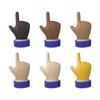 3d render. Cartoon Pointing hand icons with various skin tones in cartoon vector style.