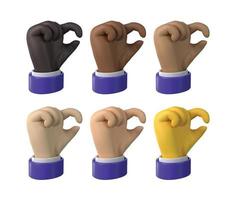 3d render. little bit or size hand icons with various skin tones in cartoon vector style.