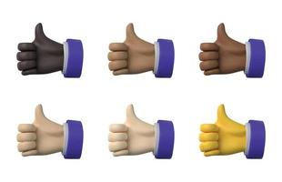 3d render. Cartoon Thumbs Up hand icons with various skin tones in cartoon vector style.