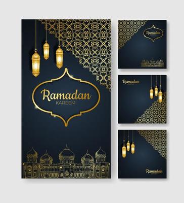 background design with patterns, mosque sketches and gold hanging lanterns