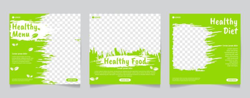 Social media template healthy food menu, green and white brush shape