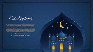 Horizontal gradient Ramadan and Eid al-Fitr greeting card template with realistic mosque, moon and shining stars illustration Vector