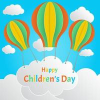 plantilla de banner para la plaza del día de los niños felices, fondo del cielo con decoraciones de globos de colores y nubes vector