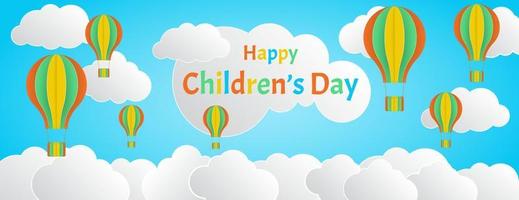 banner template for happy children's day paper cut style, sky background with colorful balloon decorations and clouds
