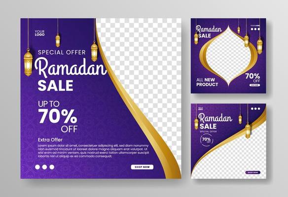 Ramadan sale social media post template banner ad. blue, purple gradient color and lantern Editable vector illustration