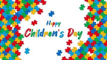 happy child's day background with puzzles and writing from colorful brushes vector