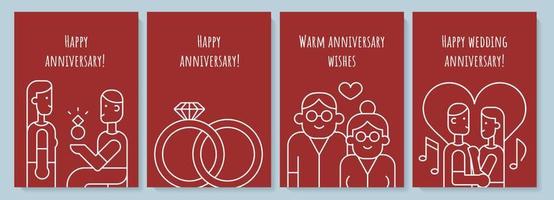 postal de aniversario con conjunto de iconos de glifo lineal. matrimonio felicidades. tarjeta de felicitación con diseño de vectores decorativos. póster de estilo simple con ilustración de lineart creativa. volante con deseo de vacaciones