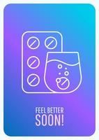 Feel better soon blue gradient postcard with linear glyph icon. Greeting card with decorative vector design. Simple style poster with creative lineart illustration. Flyer with holiday wish