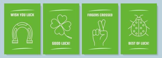Wishing luck green postcard with linear glyph icon set. Greeting card with decorative vector design. Simple style poster with creative lineart illustration. Flyer with holiday wish