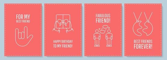 Friendship postcard with linear glyph icon set. Relation with friend. Greeting card with decorative vector design. Simple style poster with creative lineart illustration. Flyer with holiday wish