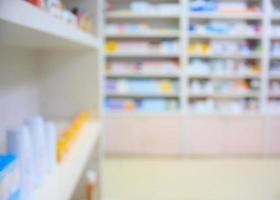 blur shelves of drugs in the pharmacy shop photo