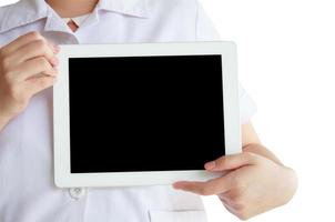 pharmacist presenting empty digital tablet screen isolated on white background photo