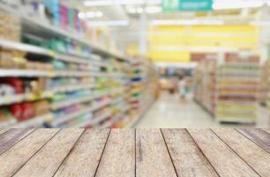 Wood floor and Supermarket blur background photo